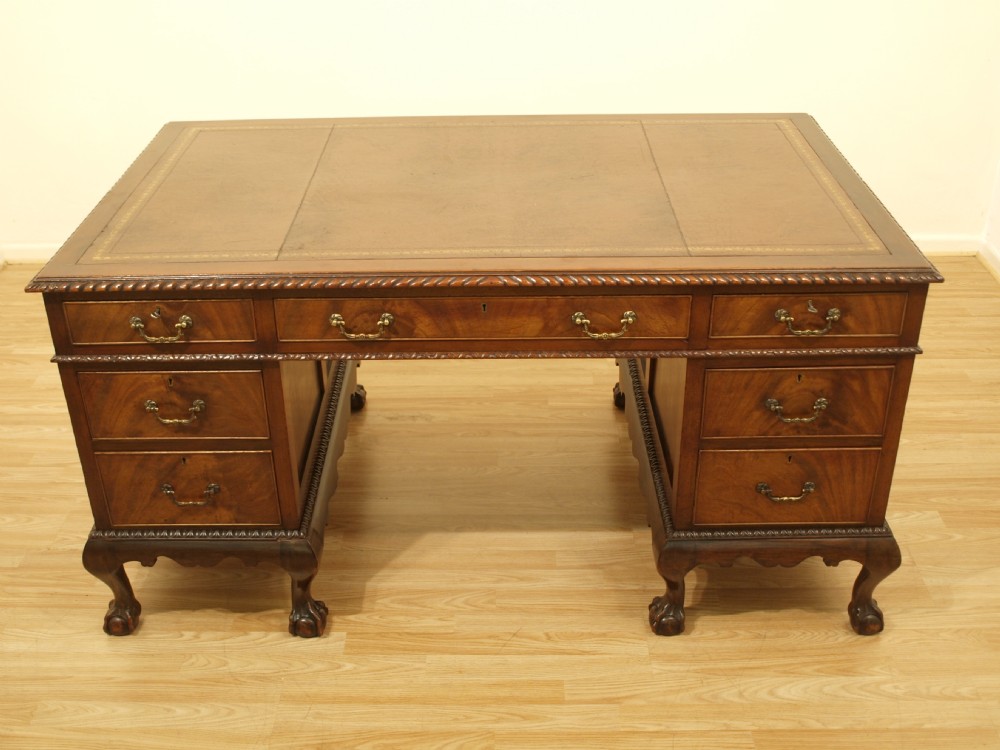 A Chippendale Revival Mahogany Antique Pedestal Desk