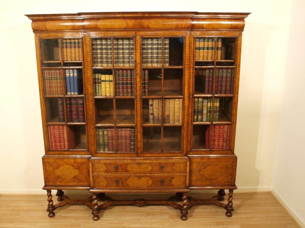 A Stunning Quality Walnut & Seaweed Marquetry Bookcase By Gill & Reigate