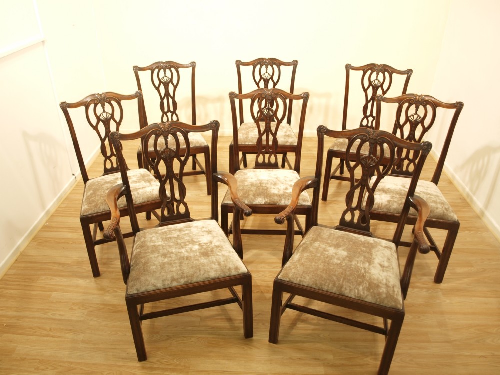 A Good Set Of 8 Mahogany Chippendale Revival Edwardian Period Antique Dining Chairs