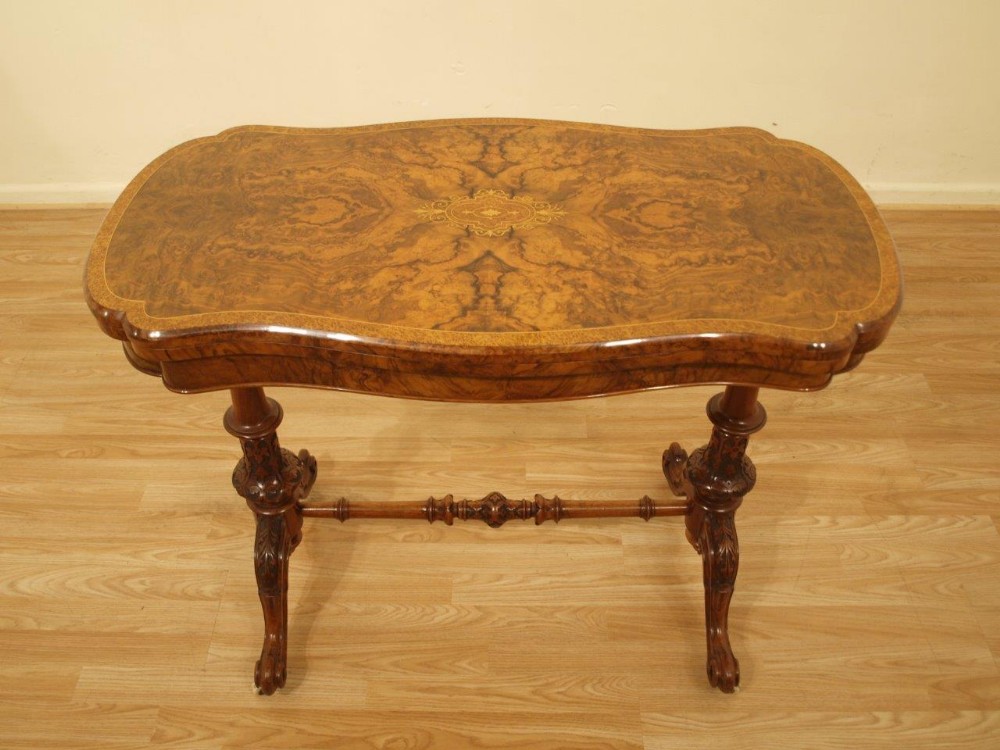 A Beautiful Burr Walnut, Amboyna & Marquetry Inlaid Victorian Period Fold Over Games Table