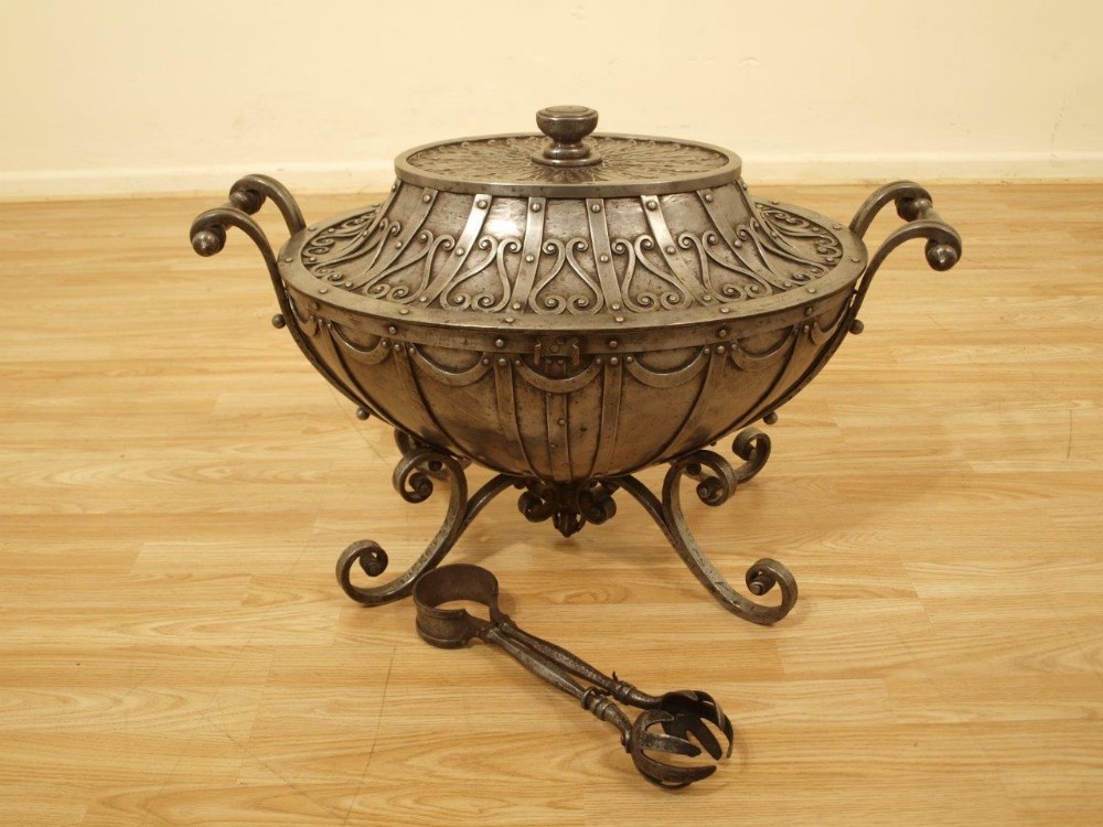 A Large Rare Country House Arts & Crafts Period Polished Steel Oval Coal Box