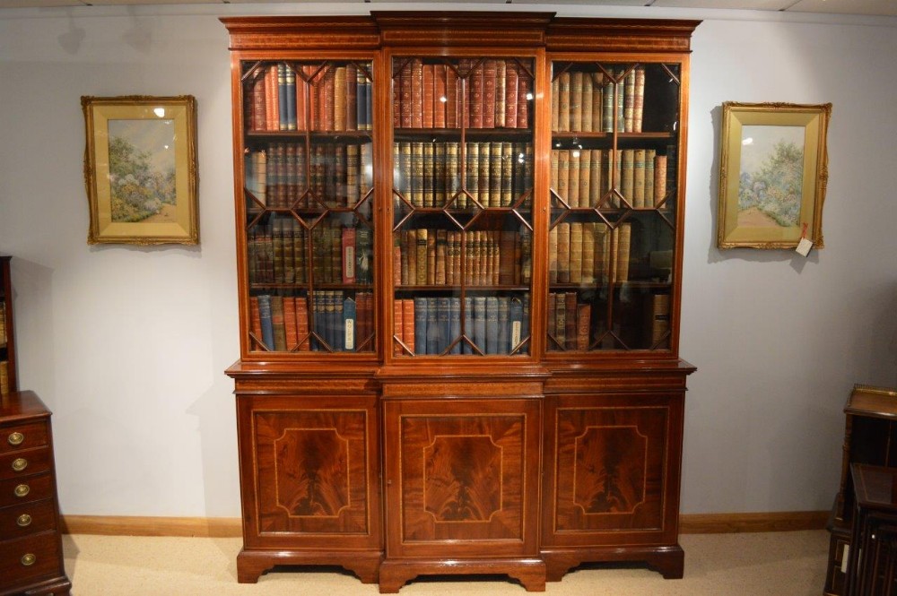 A Superb Quality Mahogany Inlaid Edwardian Period Breakfront Bookcase