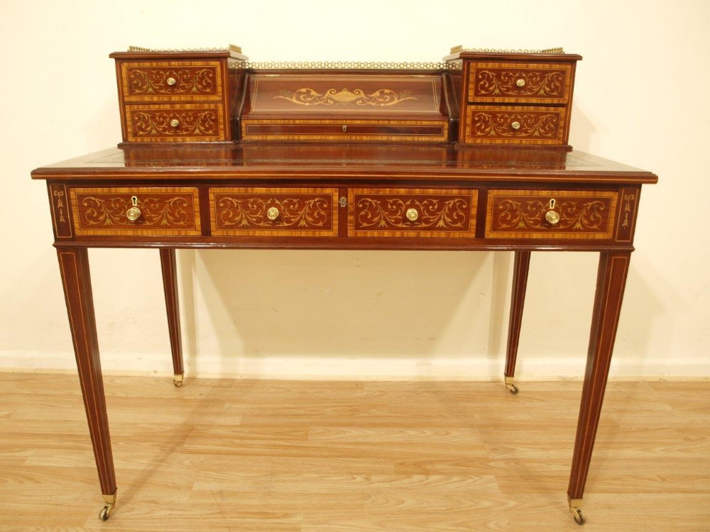 A Superb Quality Mahogany Inlaid Late Victorian Period Antique Writing Table