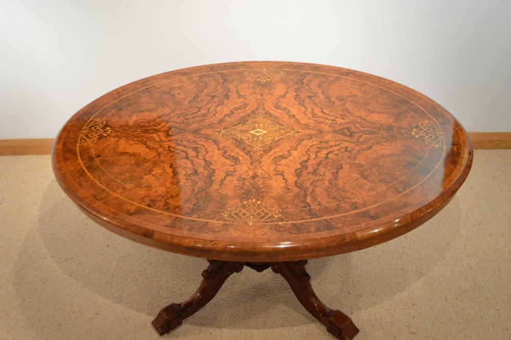 A Superb Quality Burr Walnut Inlaid Victorian Period Antique Loo Table