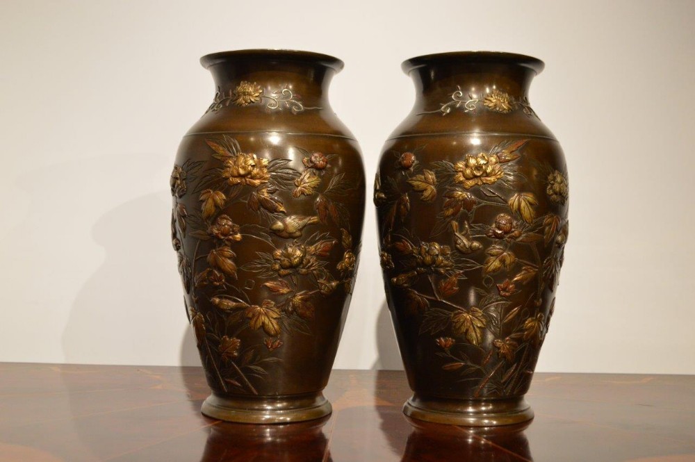 A Rare Pair Of Japanese Bronze On-Laid Vases
