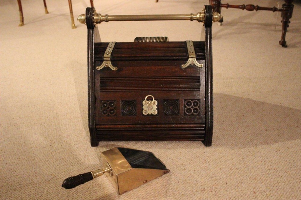 A Rare Oak & Brass Mounted Aesthetic Period Antique Coal Box
