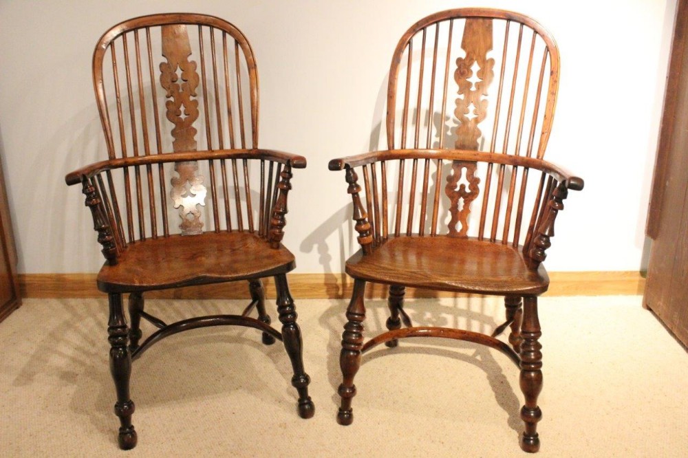 A Near Pair Of Yew Wood Mid 19th Century High Back Windsor Chairs