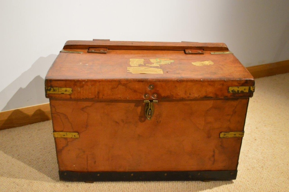 A Rare Leather & Brass Bound English Antique Campaign Chest