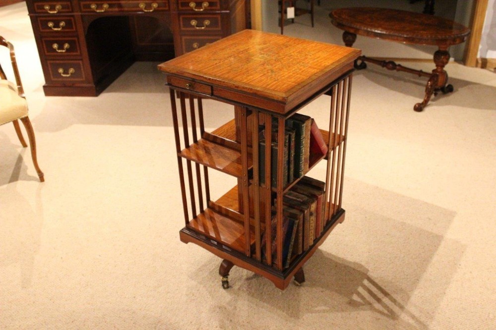 A Satinwood Inlaid Late Victorian Period Antique Revolving Bookcase