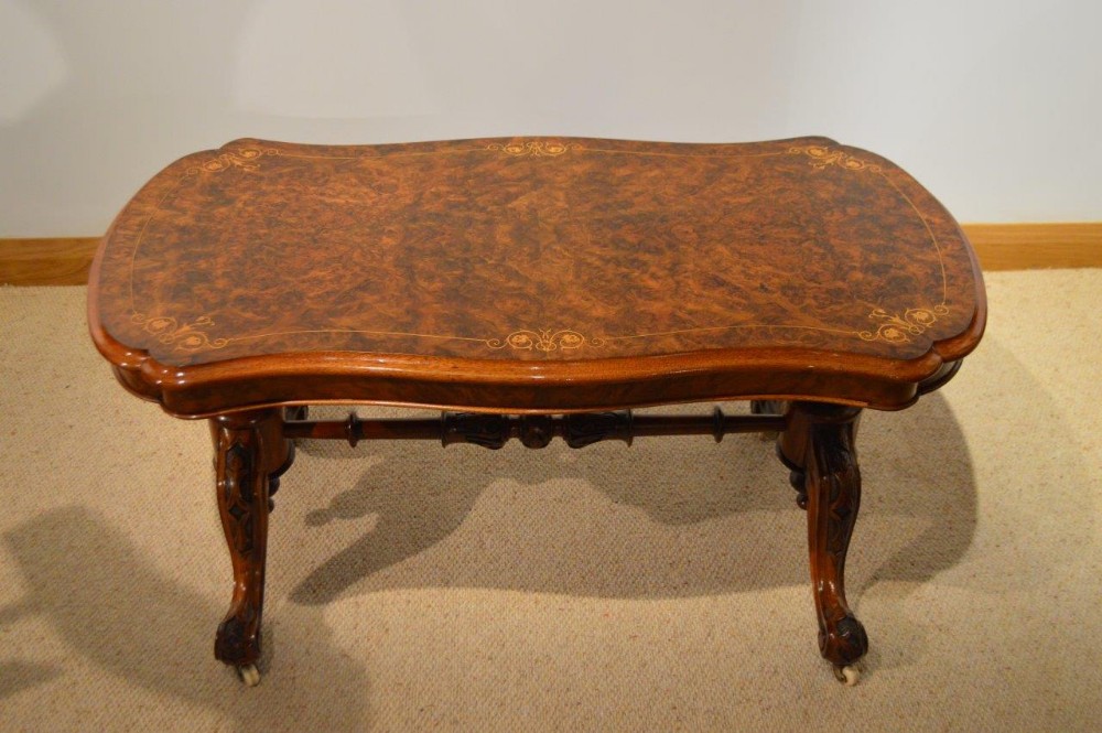 A Beautiful Burr Walnut & Marquetry Inlaid Victorian Period Antique Coffee Table