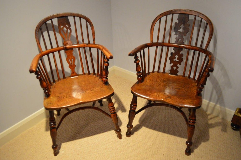 A Near Pair Of Yew Wood Mid 19th Century Windsor Arm Chairs