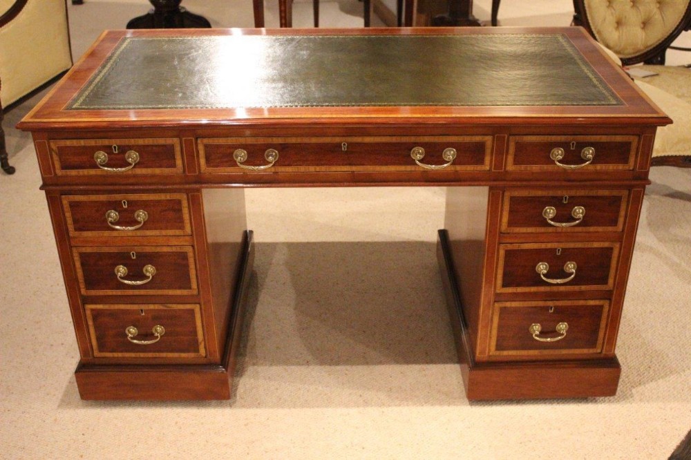 A Superb Quality Mahogany & Satinwood Inlaid Edwardian Period Pedestal Desk