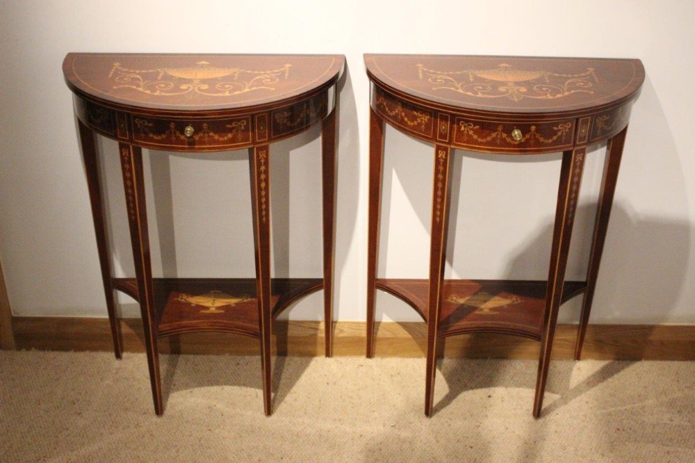 A Fine & Rare Pair Of Sheraton Revival Mahogany Inlaid Demi Lune Tables
