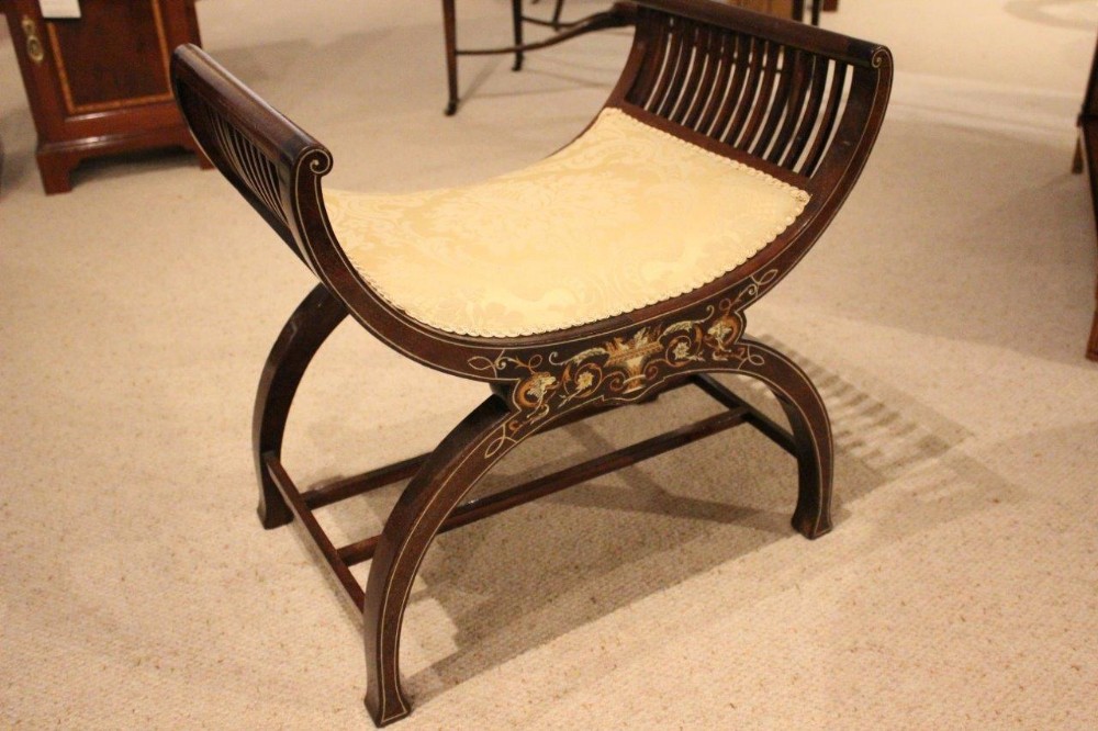A Mahogany & Marquetry Inlaid Late Victorian Period X Framed Stool