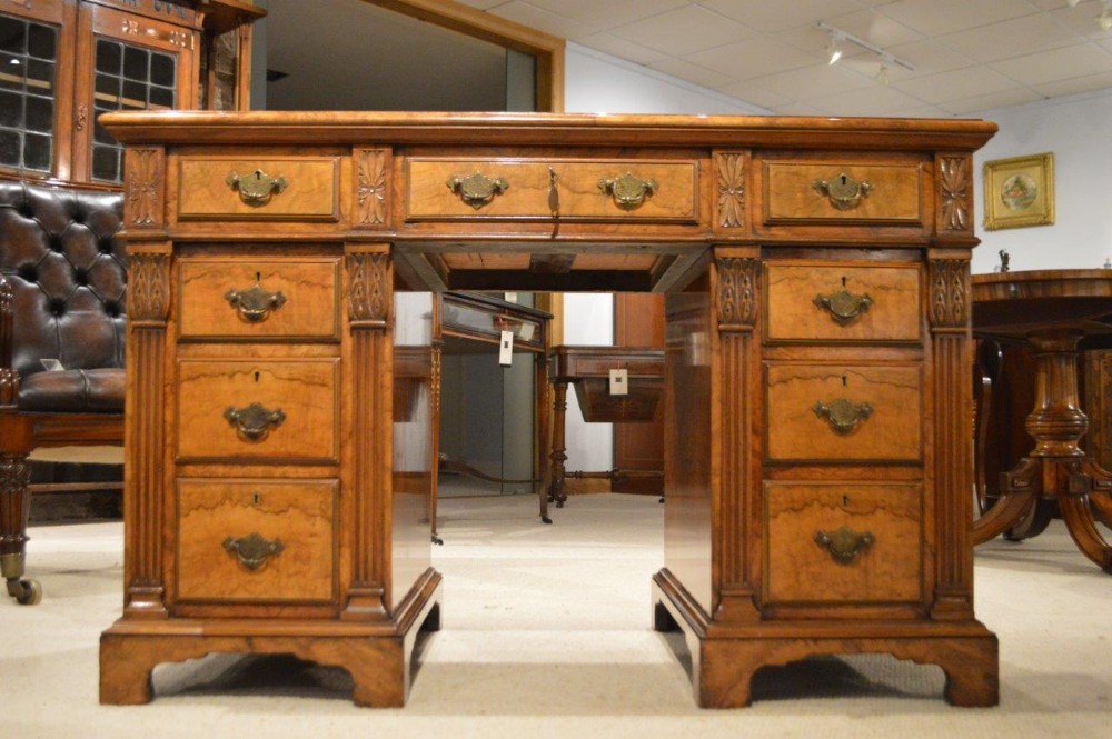 A Beautiful Burr Walnut Late Victorian Period Antique Pedestal Desk
