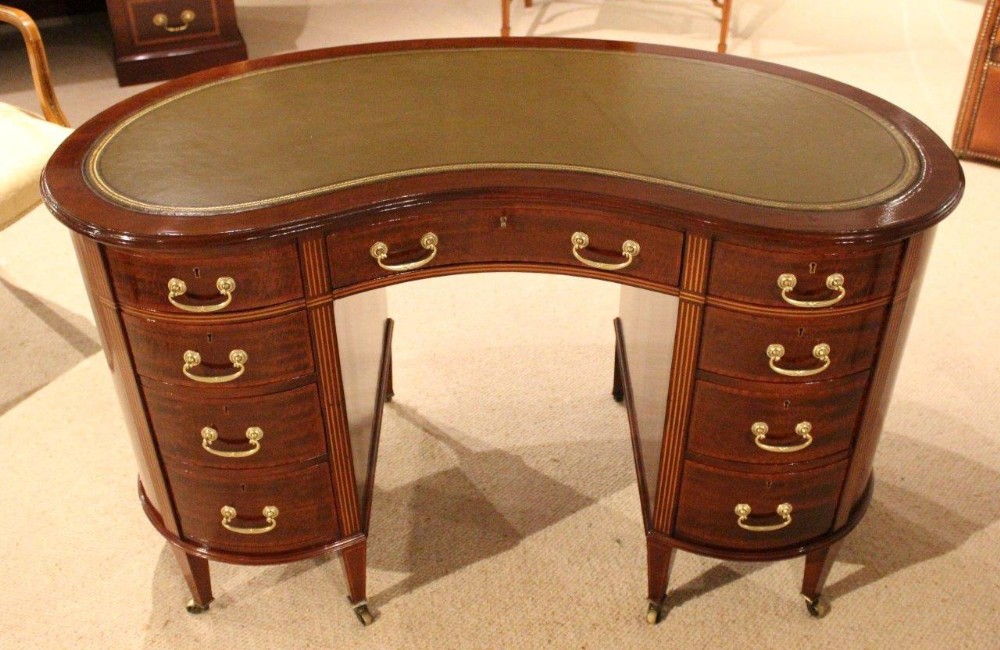 A Beautiful Mahogany Late Victorian Period Kidney Shaped Desk