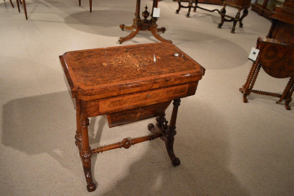 A Beautiful Burr Walnut Inlaid Victorian Period Games/Sewing Table