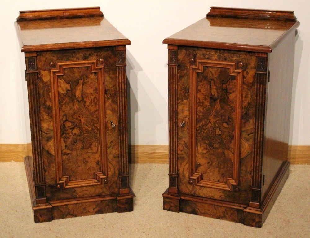 A good Pair Of Burr Walnut Victorian Period Antique Bedside Cabinets