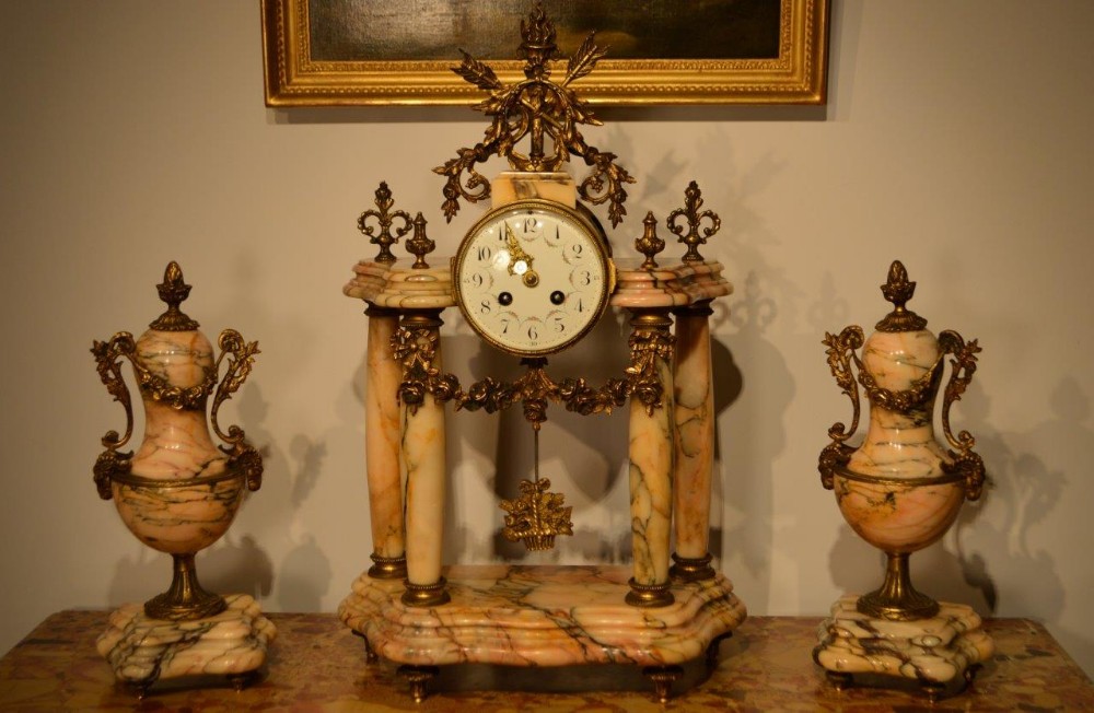 A Large French Late 19th Century Marble & Ormolu Clock Garniture