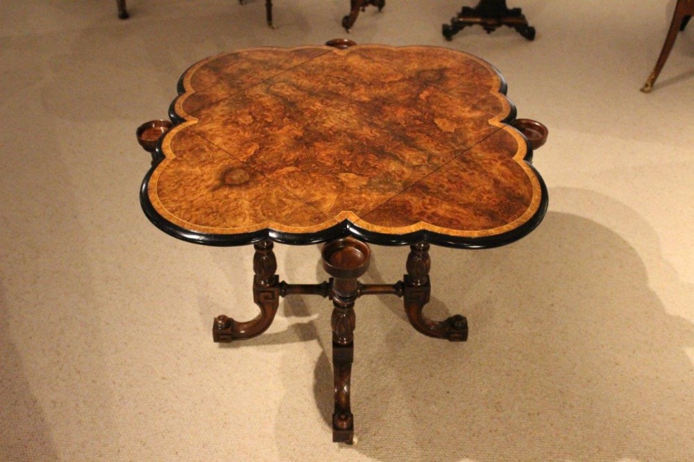 A Stunning Quality Burr Walnut & Amboyna Victorian Period Clover Leaf Games Table