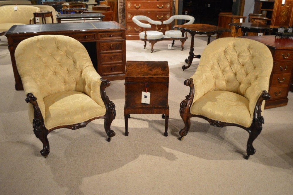 A Stunning Pair Of Rosewood Victorian Period Antique Armchairs