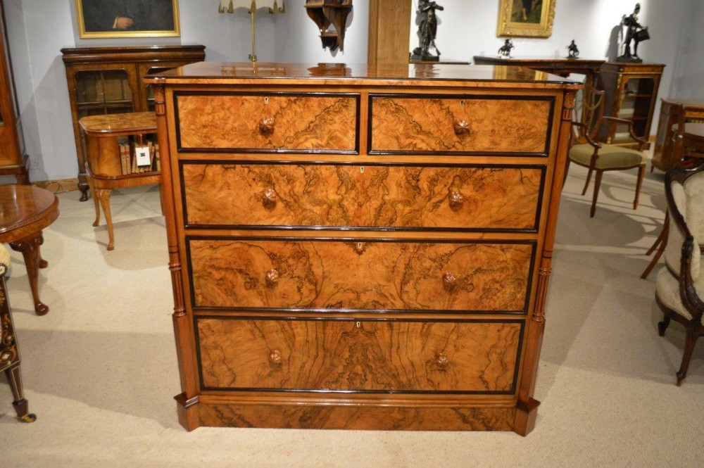 A Stunning Burr Walnut Victorian Period Antique Chest Of Drawers