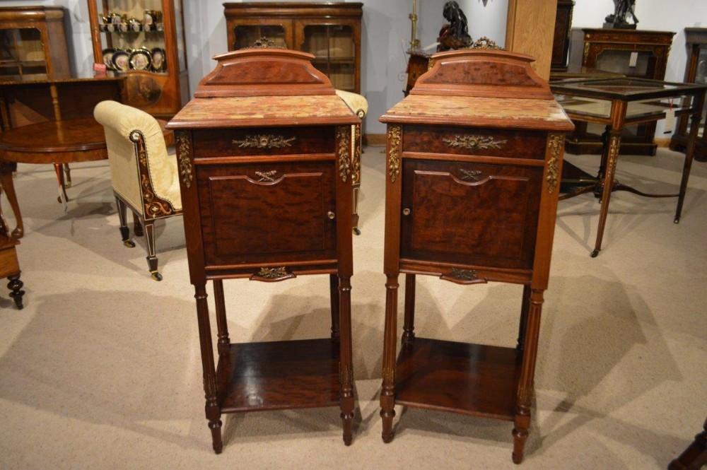 A Good Pair Of Plum Pudding Mahogany French Marble Topped Bedside Cabinets