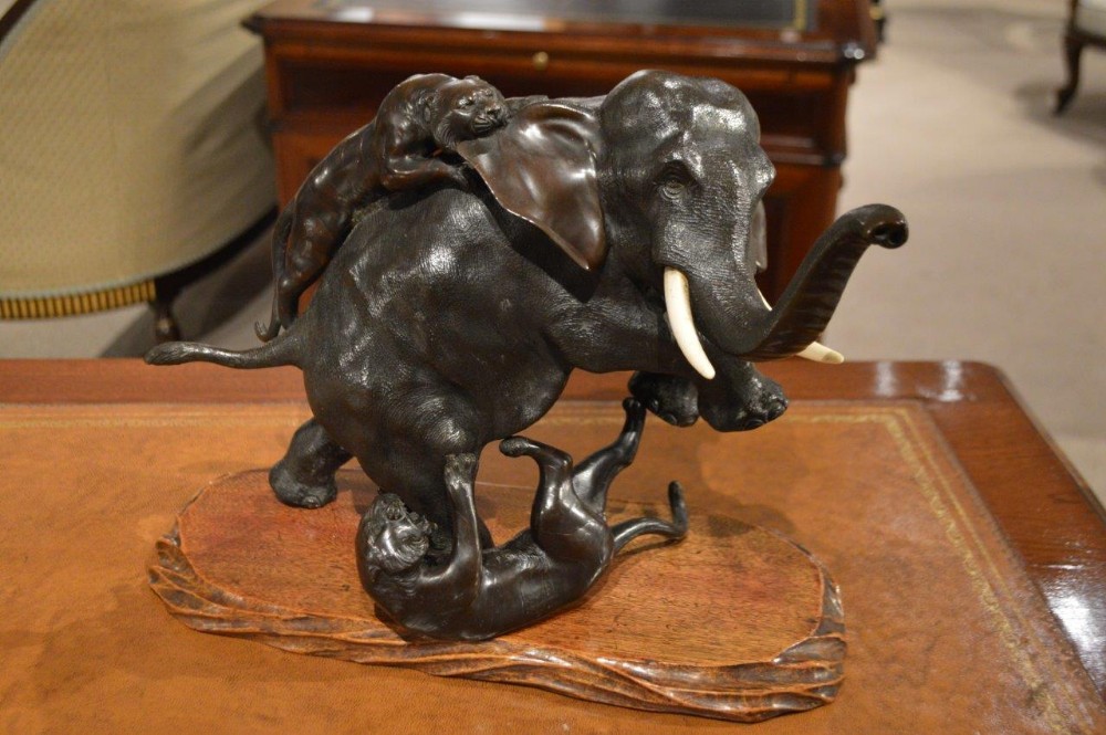 19th Century Meiji Period Japanese Bronze Elephant & Tiger Group