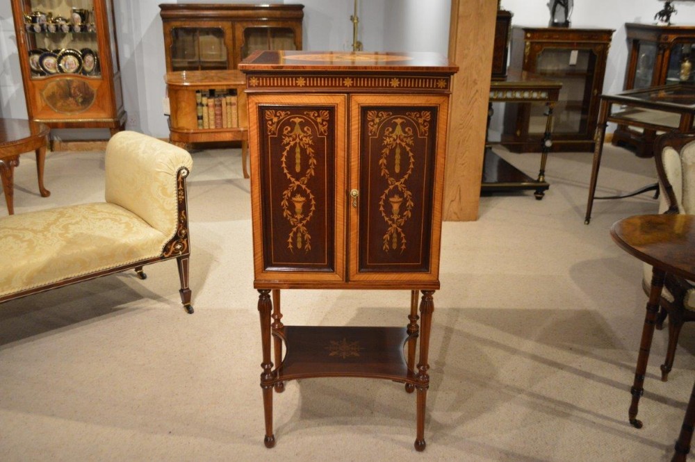 A Fine Quality Mahogany Inlaid Antique Music Cabinet By Edwards & Roberts Of London