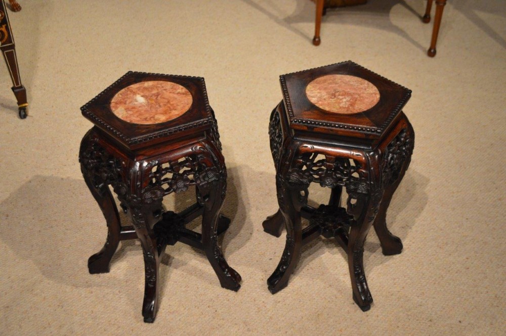 A Small Pair Of Hardwood Chinese Marble Inset Stands