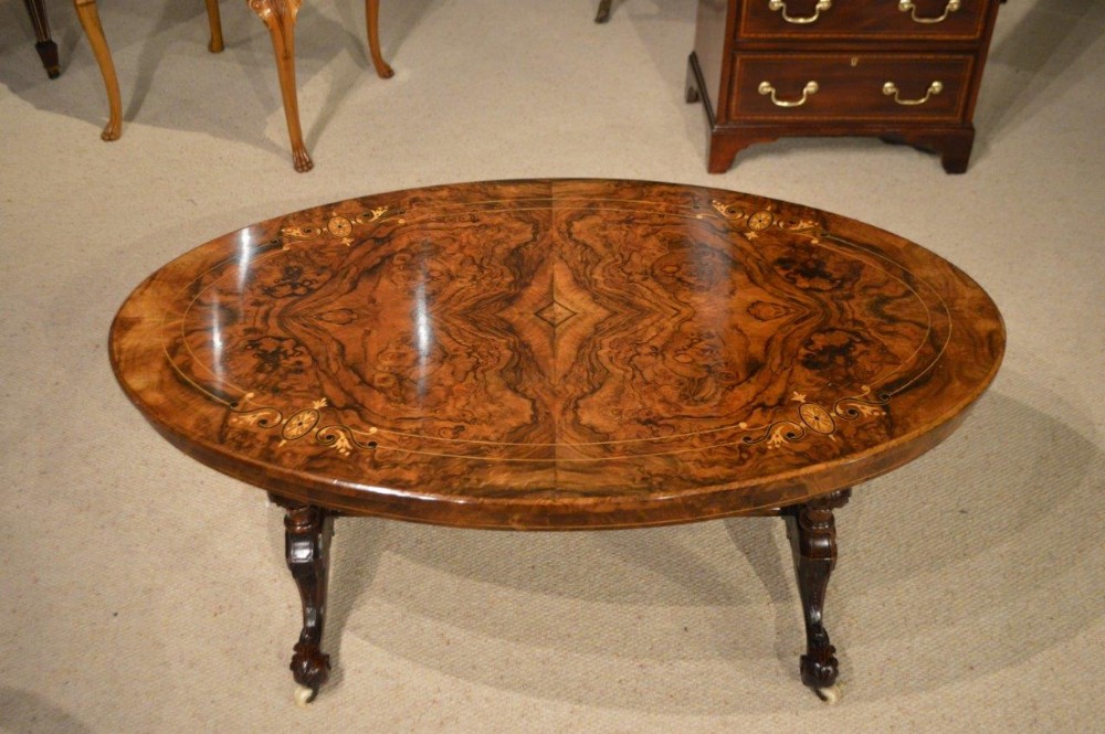 A Burr Walnut & Marquetry Inlaid Victorian Period Antique Coffee Table (Adapted)