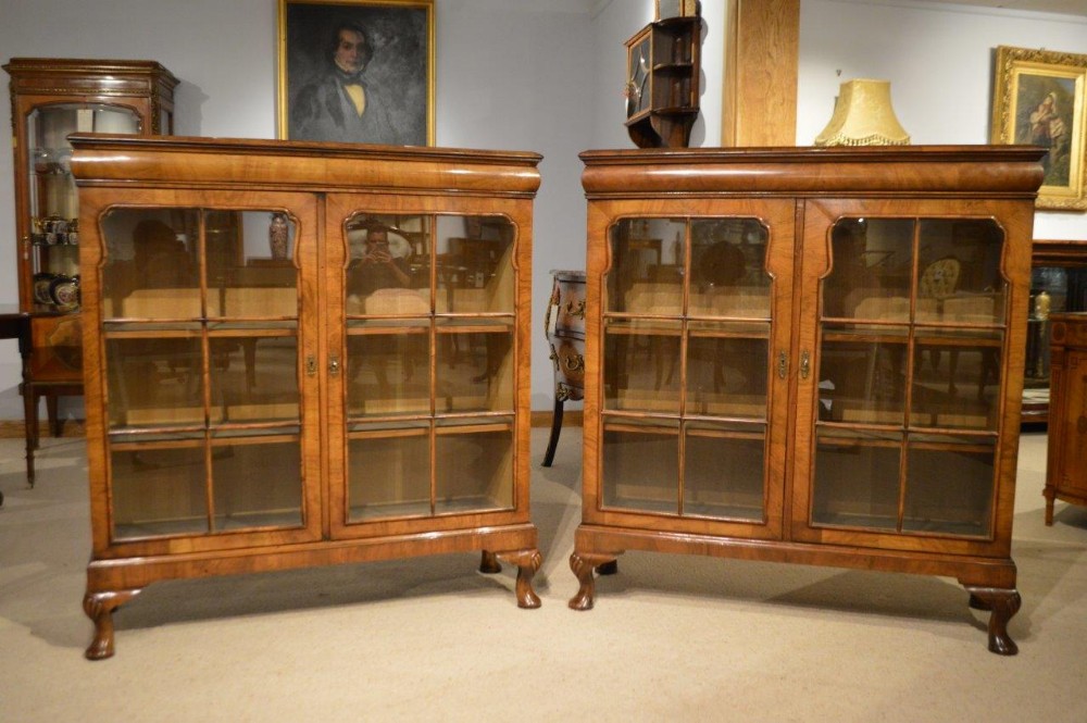 A Good Pair Of George I Style 1920s Burr Walnut Antique Cabinets/Bookcases