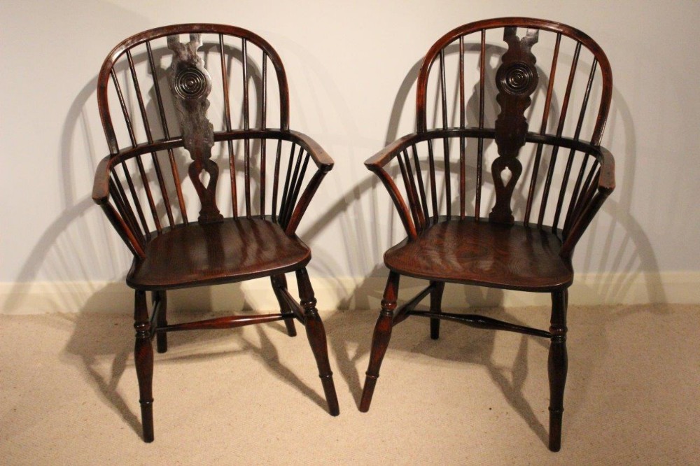 A Pair Of Yew Wood 19th Century Antique Windsor Armchairs