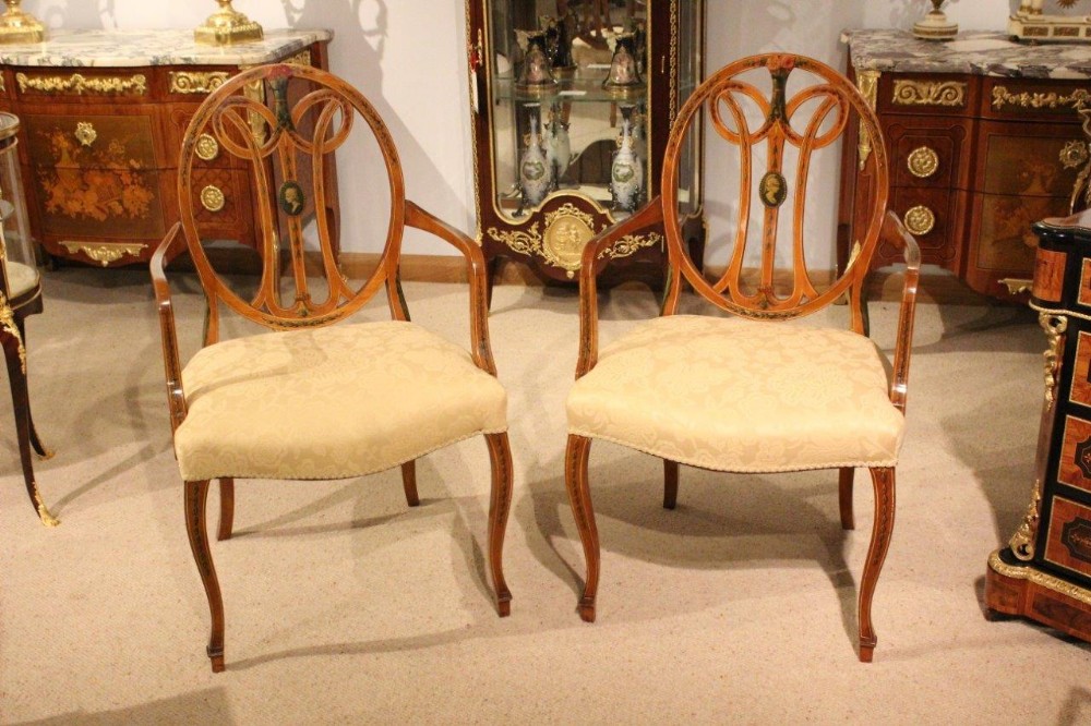 A Good Pair Of Satinwood Painted Sheraton Revival Armchairs