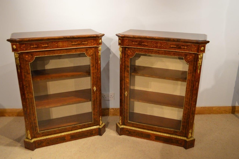 A Fine Pair Of Burr Walnut Inlaid Victorian Period Pier Cabinets By Edwards & Roberts