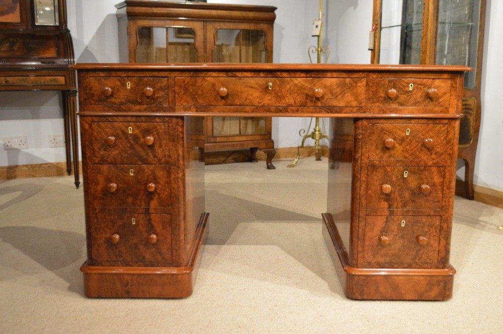 A Superb Quality Burr Walnut Victorian Period Antique Pedestal Desk