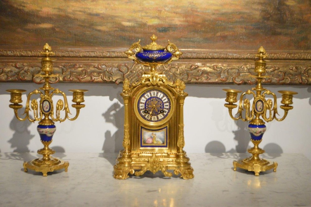 A Gilt Bronze 19th Century Antique Clock Garniture