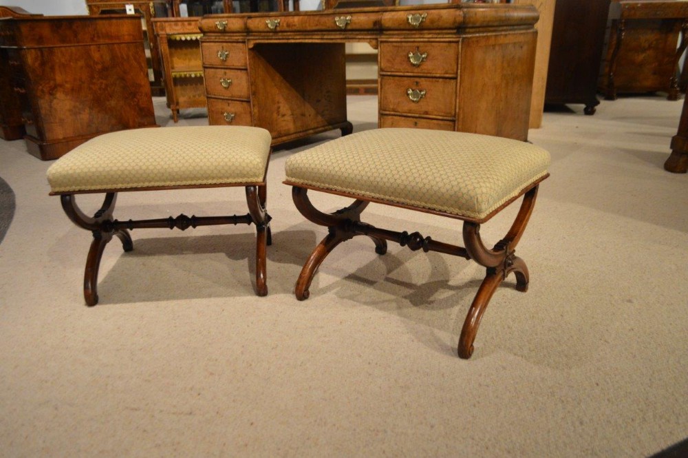 A Good Pair Of Walnut Victorian Period X Framed Stools