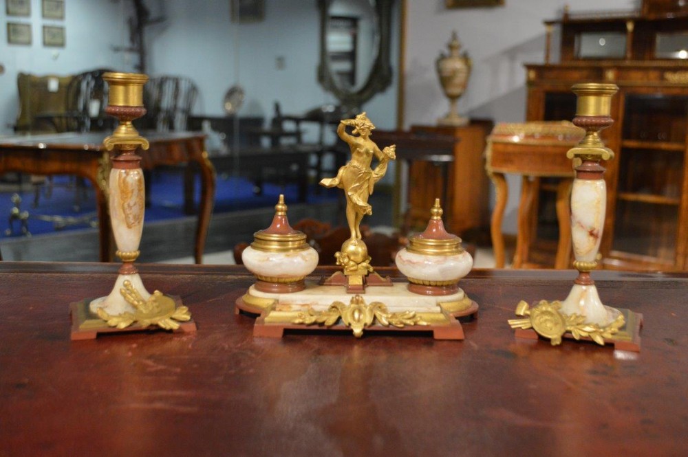 A Beautiful French Onyx & Ormolu Antique Desk Set