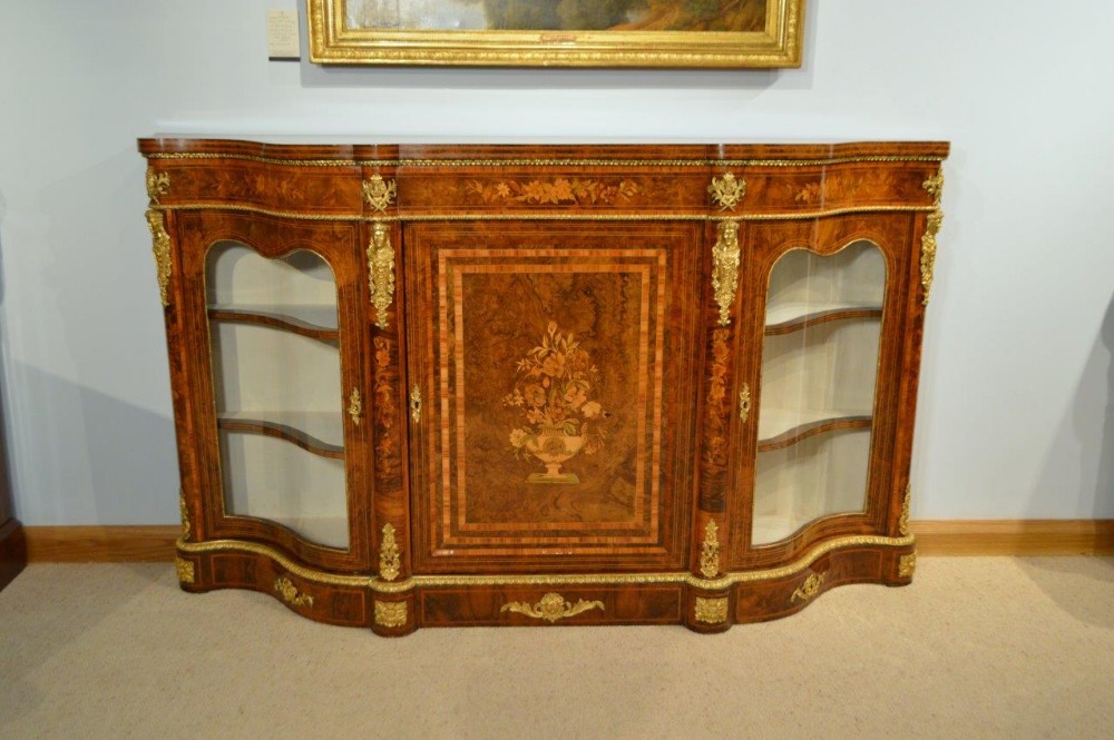 A Magnificent Burr Walnut Victorian Period Serpentine Antique Credenza