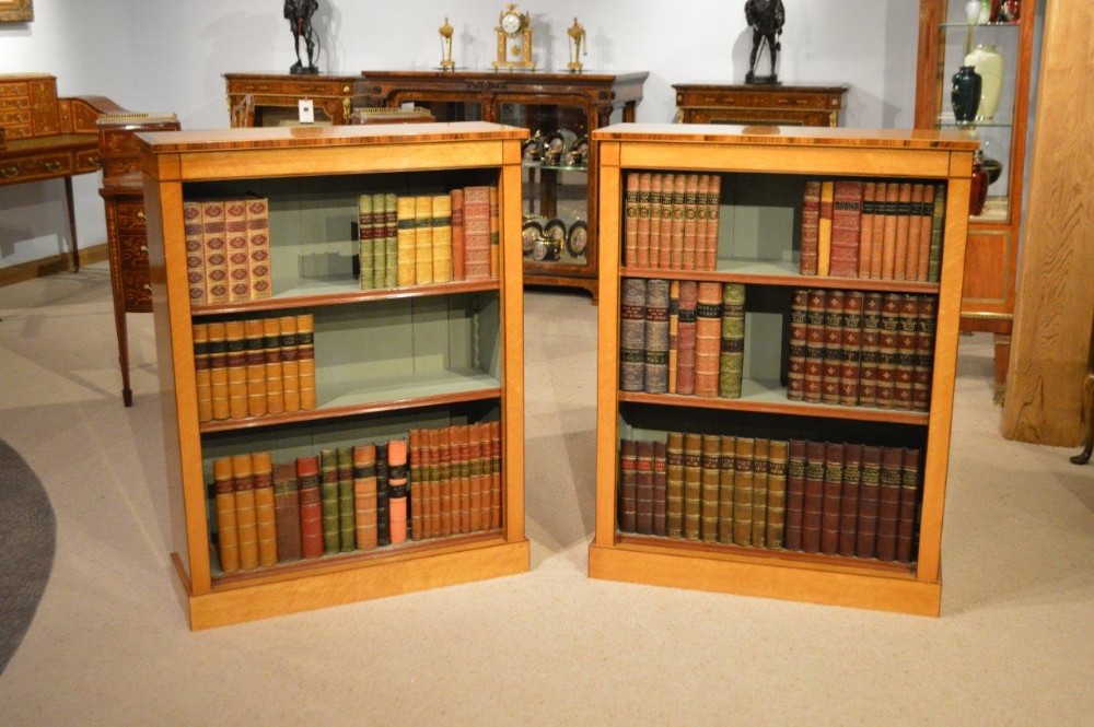 A Good Pair Of Birds Eye Maple Edwardian Period Antique Open Bookcases