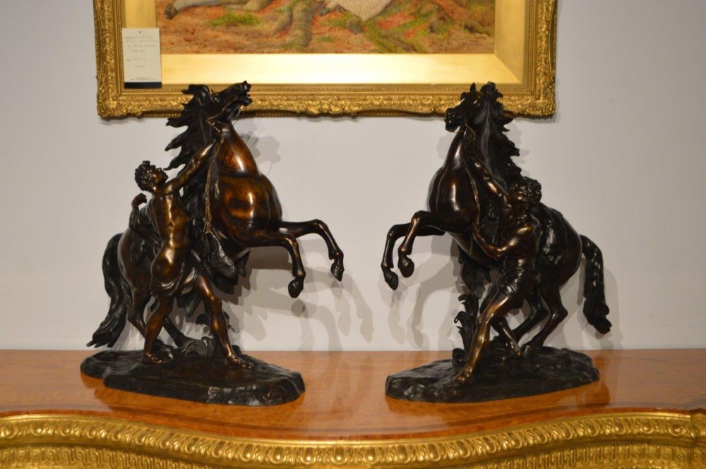 A Large Pair of Bronze Marley Horses After Coustou