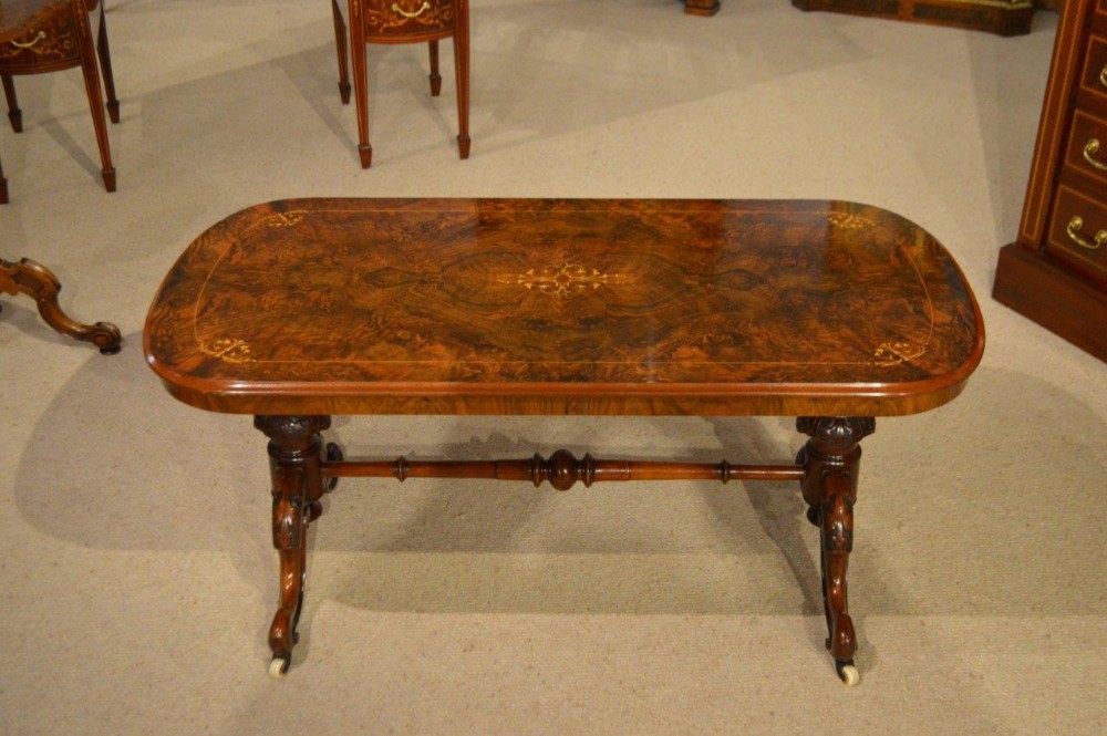 A Burr Walnut & Marquetry Inlaid Victorian Period Antique Coffee Table 
