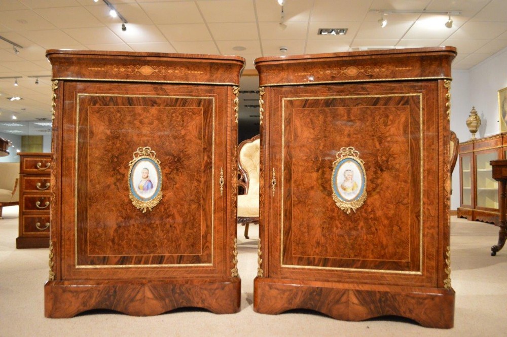 A Good Pair of Burr Walnut Victorian Period Antique Pier Cabinets