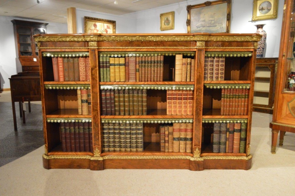 A Stunning Quality Burr Walnut & Ormolu Mounted Victorian Period Open Bookcase