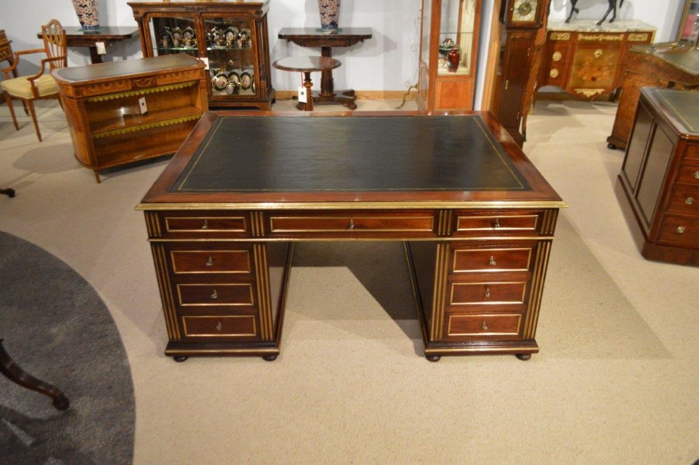 A Large Late 19th Century French Mahogany & Brass Inlaid Partners Desk