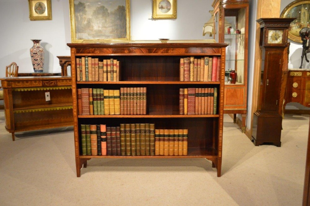 A Beautiful Mahogany Inlaid Edwardian Period Antique Open Bookcase By James Shoolbred