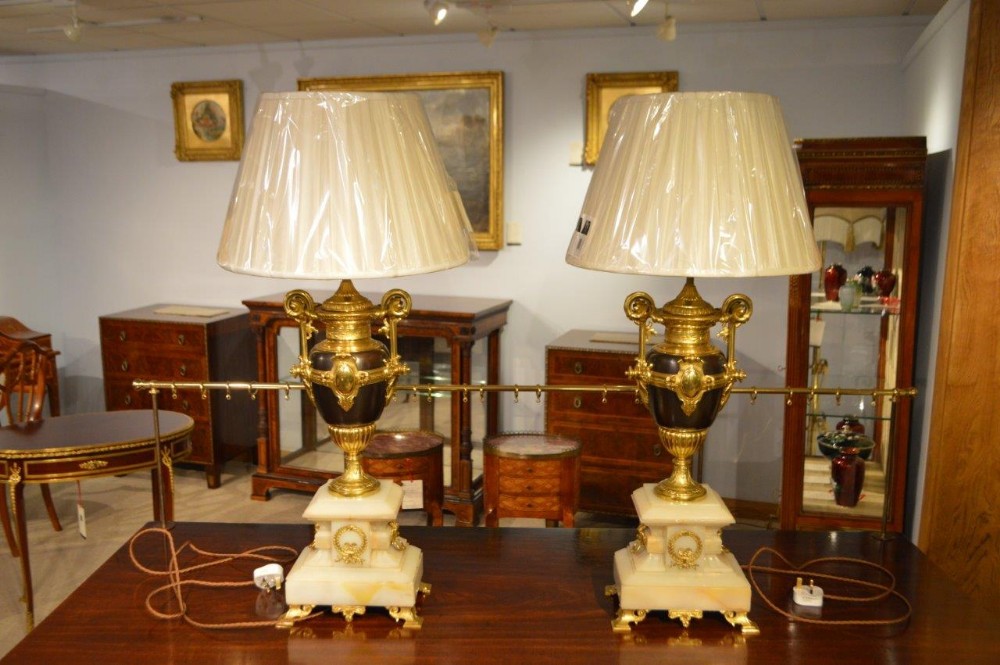 A Beautiful Pair Of French 1920s Onyx, Bronze & Ormolu Lamps