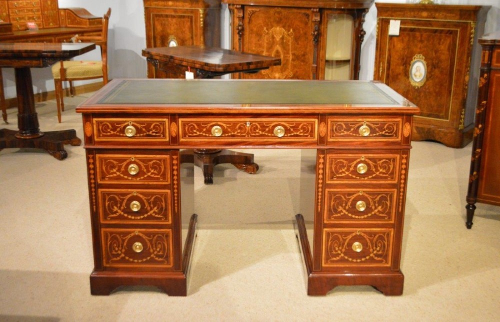 A Fine Quality Mahogany Inlaid Late 19th Century Pedestal Desk By Maple & Co Of London