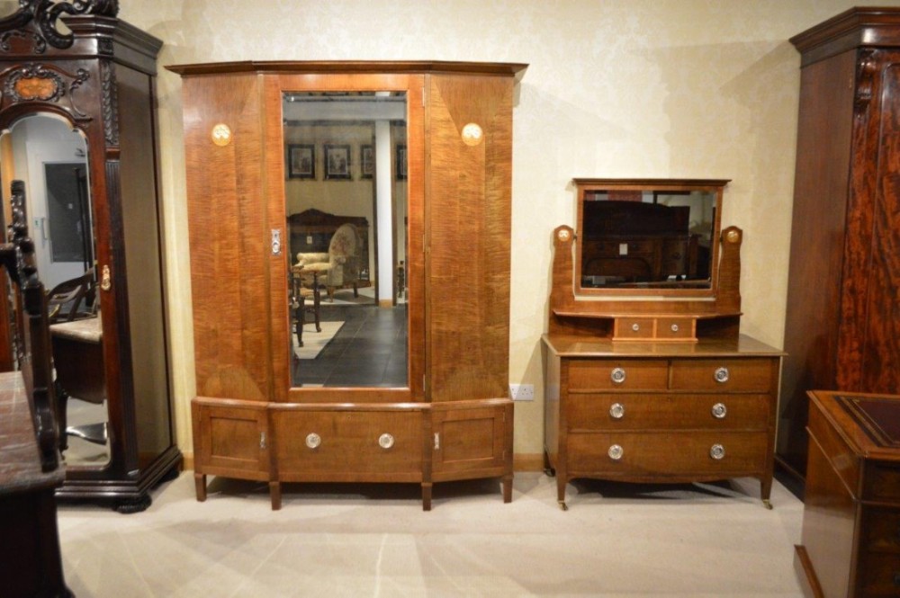 Arts & Crafts Period Inlaid Antique Wardrobe & Dressing Table